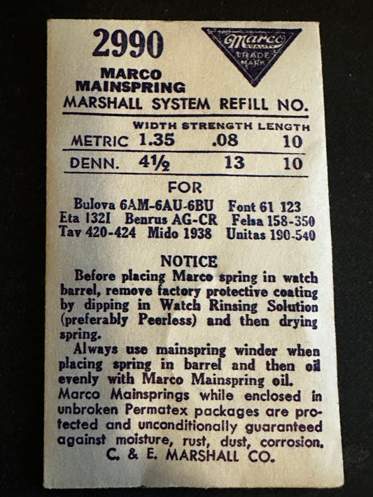 Marco Mainspring #2990 for ETA 1321, Bulova 6AM, 6AU, 6BU, Mido 1938, Tavannes 420 - Steel
