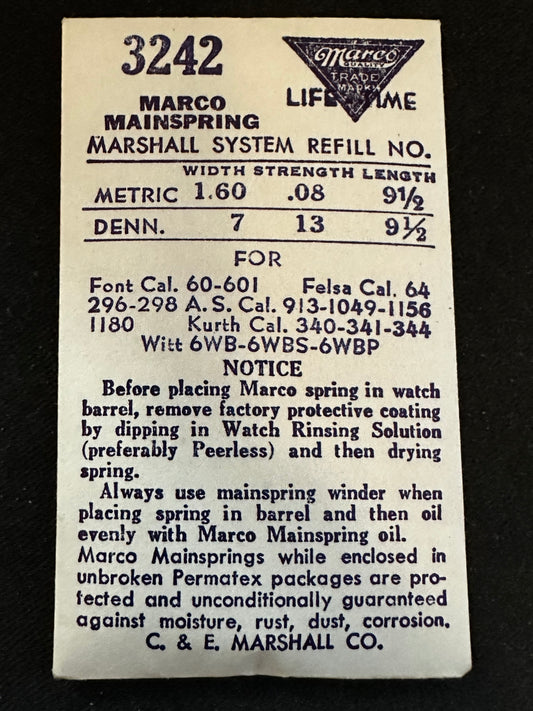 Marco Mainspring #3242 for AS 913, 1049, 1159, 1828, Kurth 340, 341, 344, Felsa 64, 296, 298 - Steel
