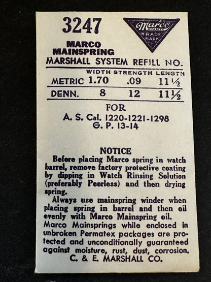 Marco Mainspring #3247 for AS caliber 1220, 1221, 1298, GP 13, 14 - Steel