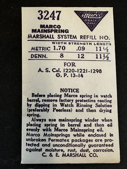 Marco Mainspring #3247 for AS caliber 1220, 1221, 1298, GP 13, 14 - Steel