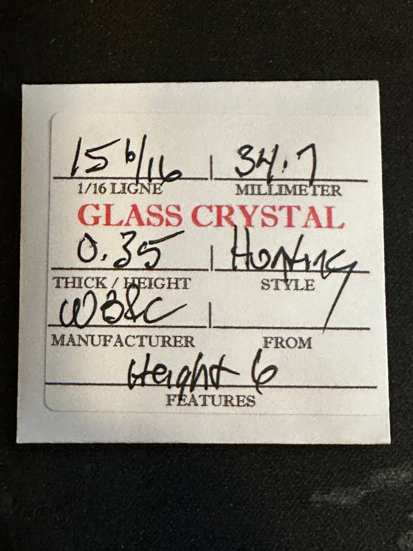 W. B. & C. Vintage Glass Hunting Case Watch Crystal 15-6/16 (~34.7mm) - NOS