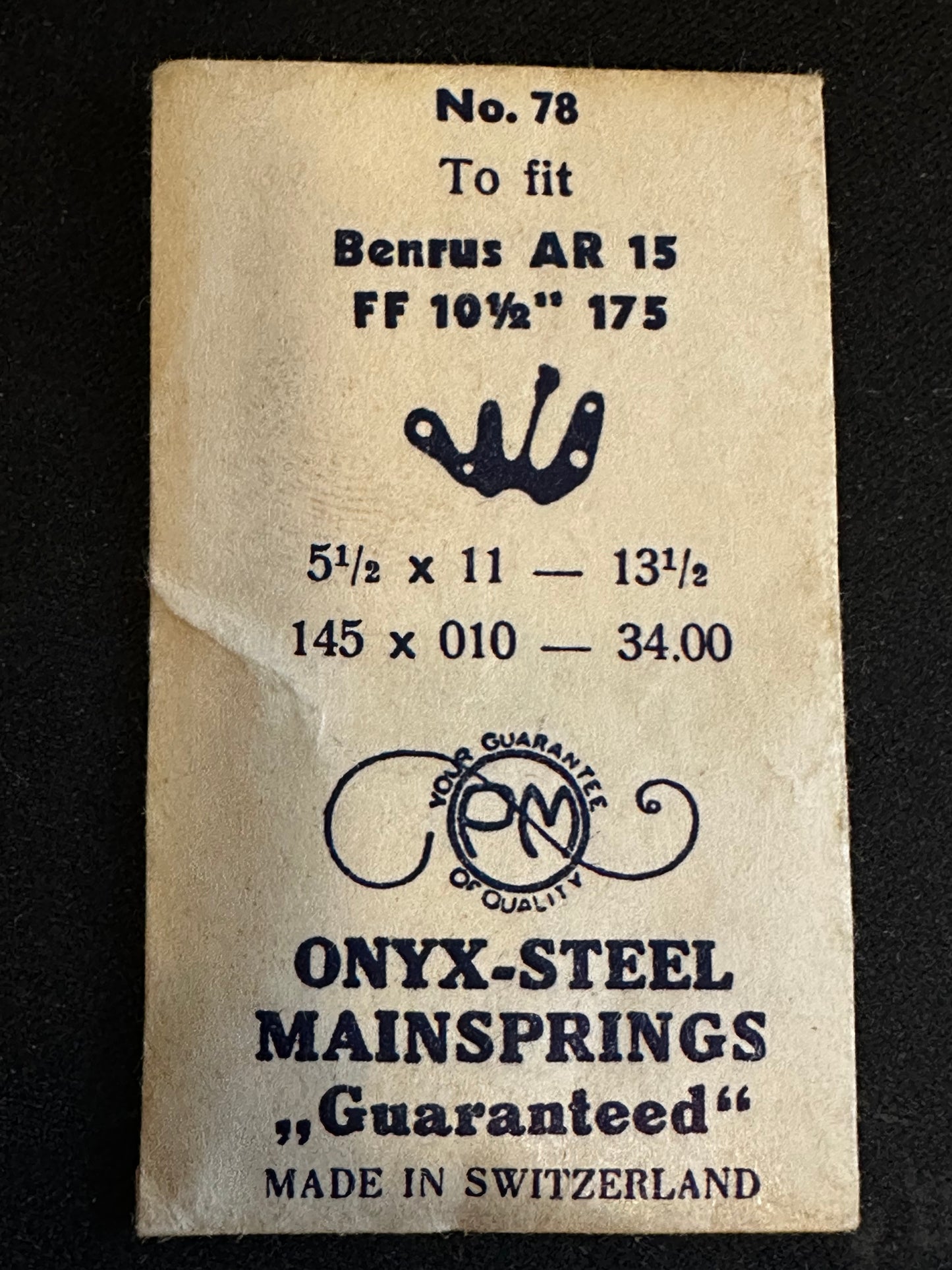 PM ONYX Steel Mainspring #78 for Font caliber 175, 176, Benrus caliber AR, AT