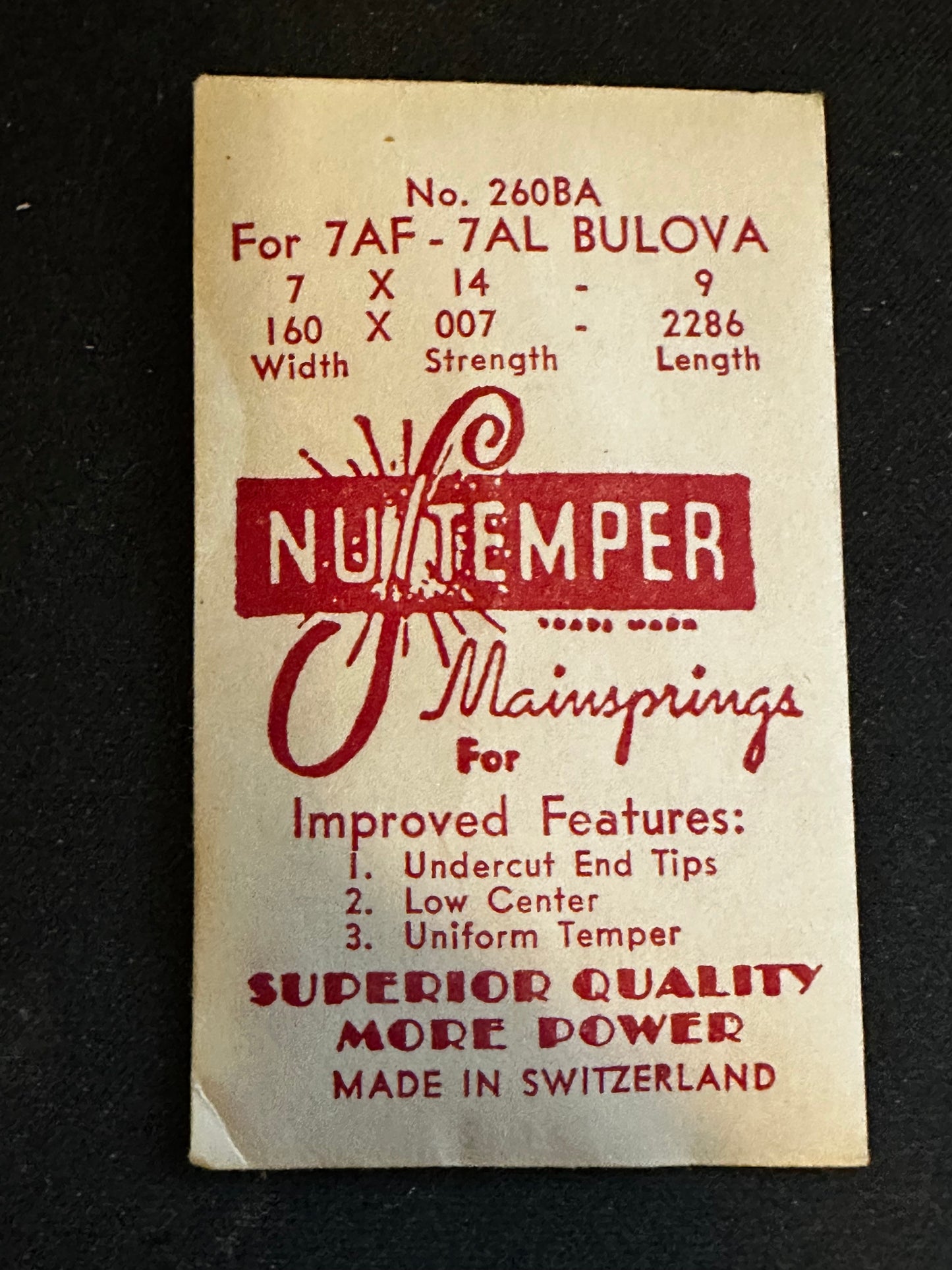 NuTemper Mainspring No. 260BA for Bulova caliber 7AF, 7AL movements - Steel