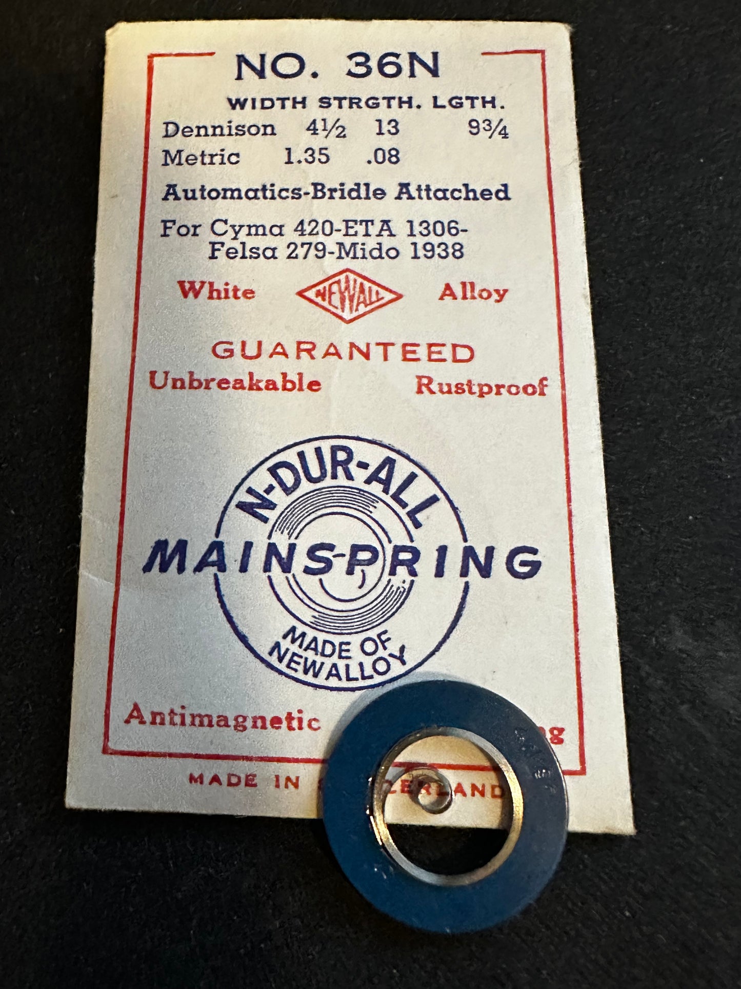 NEWALL Mainspring #36N for Cyma 420, ETA 1306, Felsa 279, Mido 1938 - Alloy