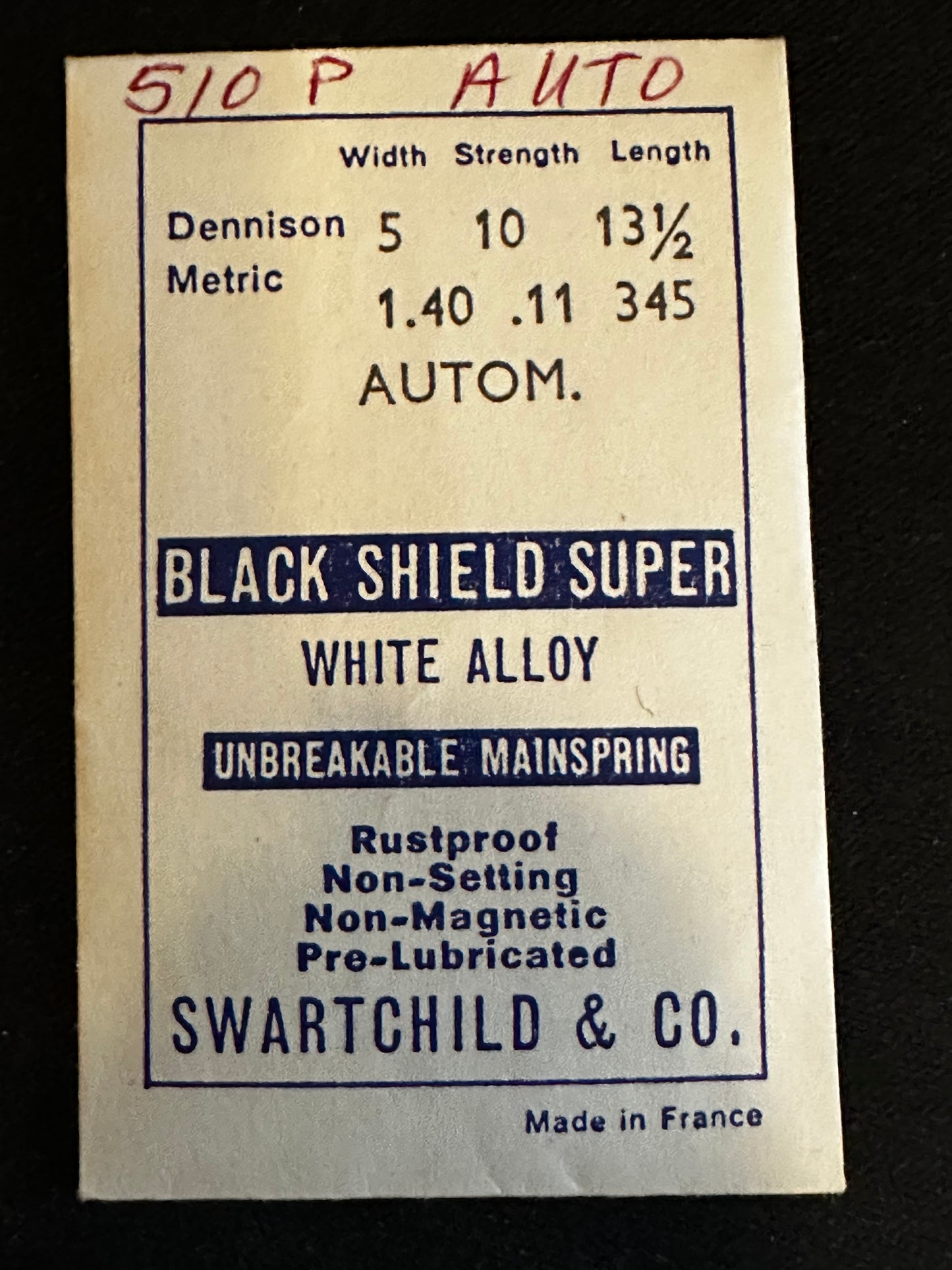 Swartchild Black Shield SUPER Mainspring for Elgin 813, 819, 854, 885 automatics - Alloy