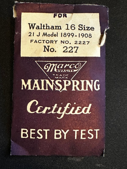 Marco Mainspring #227 for Waltham 16s 21j Factory No. 2227 - Steel