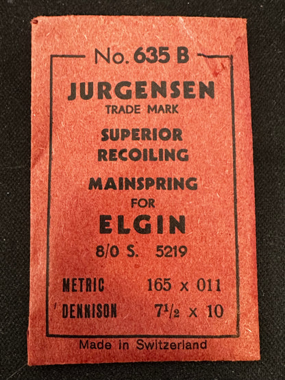 Jurgensen Mainspring #635B for Elgin 8/0s Factory No. 5219 - Steel