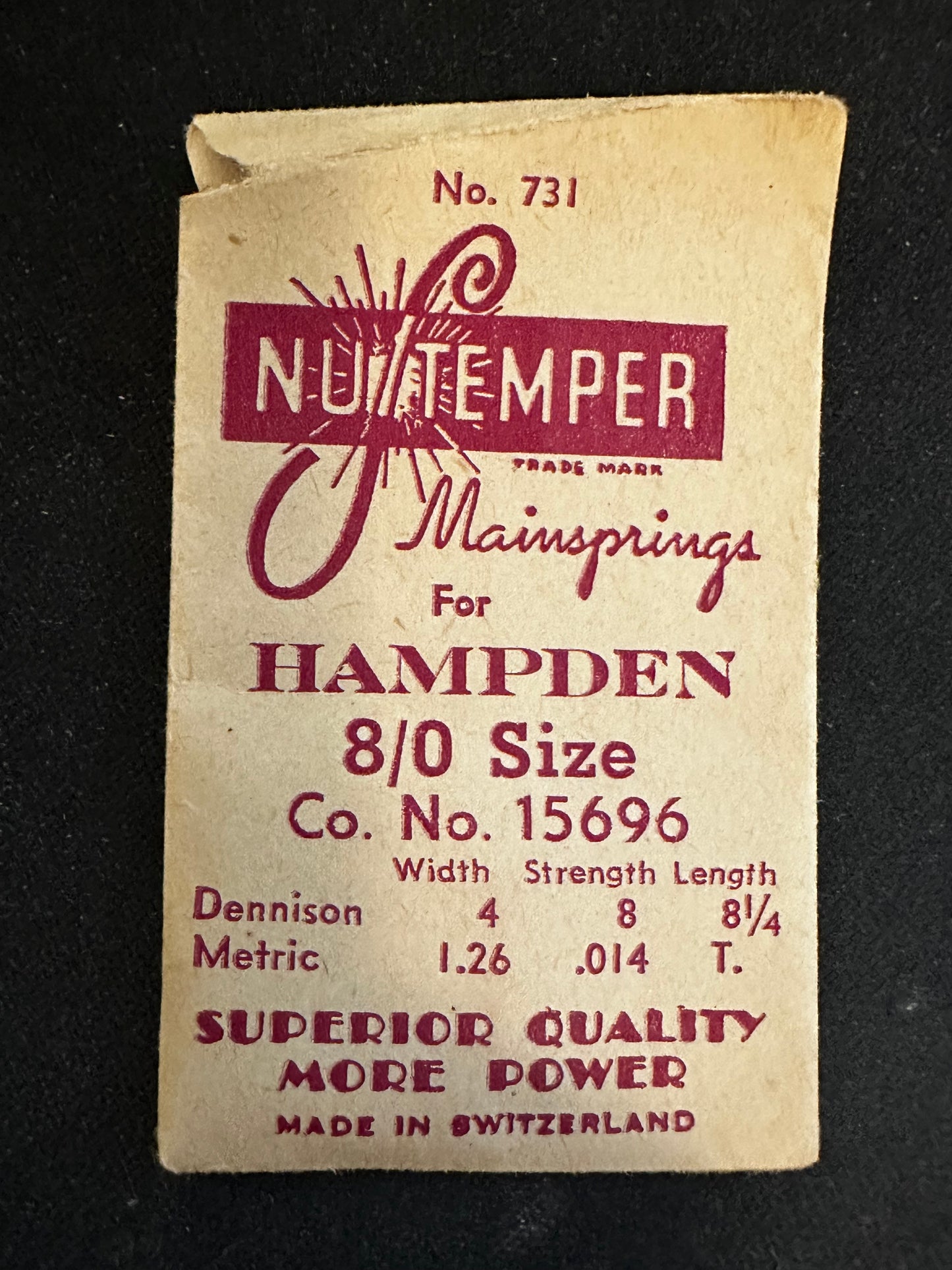NuTemper Mainspring #731 for Hampden 8/0s movements No. 15696 - Steel
