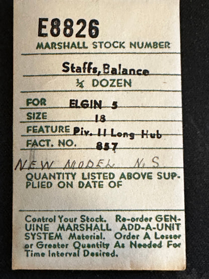 C & E Marshall balance staff E8826 for Elgin 18s No. 857 P11 Long Hub