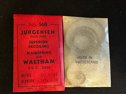 Jurgensen Mainspring #568 for Waltham 3/0s Factory No. 2230 - Steel