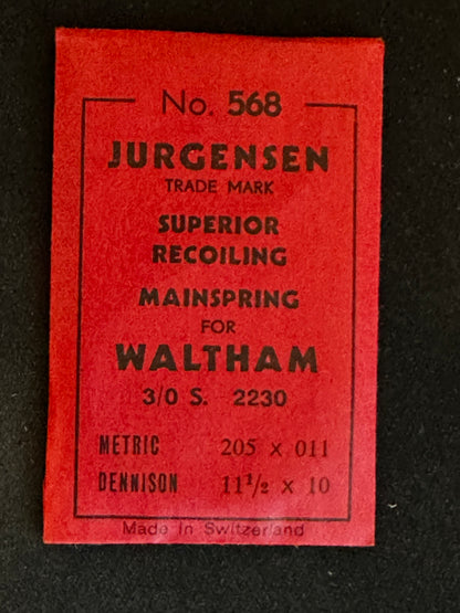 Jurgensen Mainspring #568 for Waltham 3/0s Factory No. 2230 - Steel