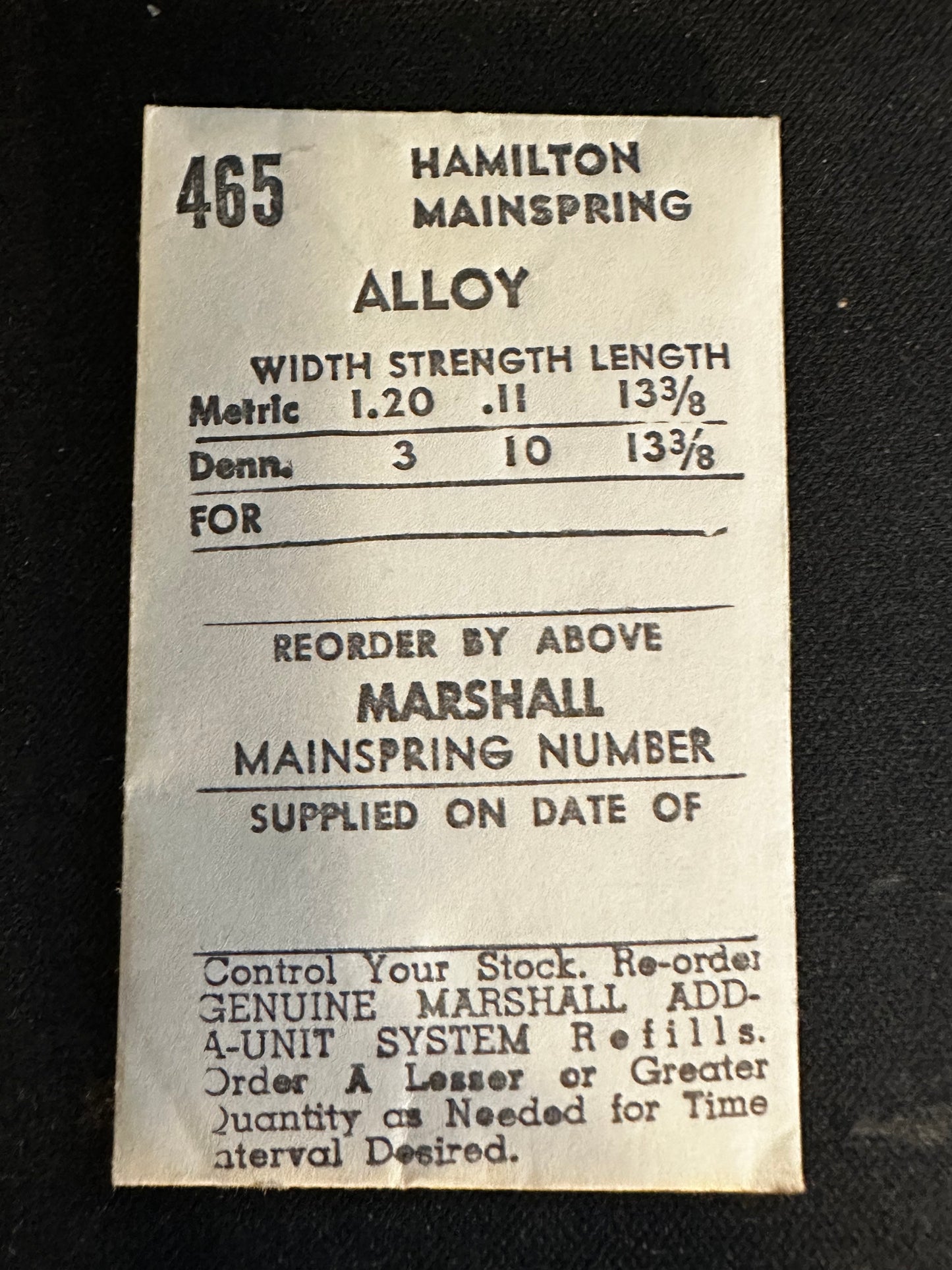 C&E Marshall Mainspring #465 for Hamilton 11½L grade 676, 687 No. 67621 / 716784 - Alloy