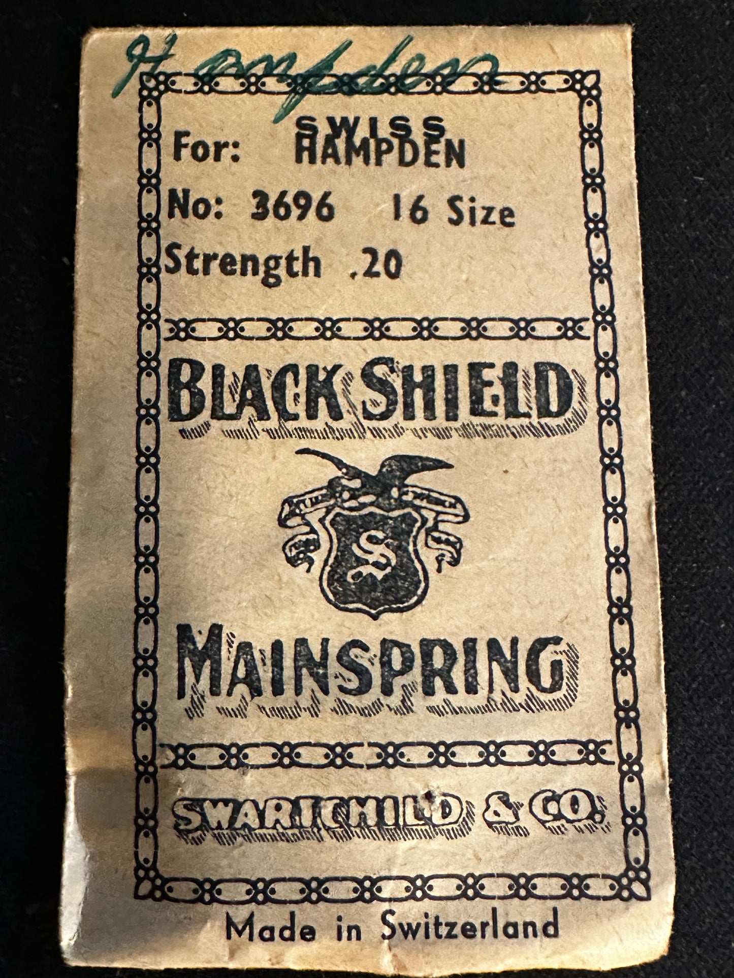 Swartchild Black Shield Mainspring for Hampden 16s No. 3696 - Steel