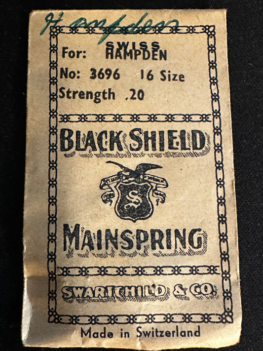 Swartchild Black Shield Mainspring for Hampden 16s No. 3696 - Steel