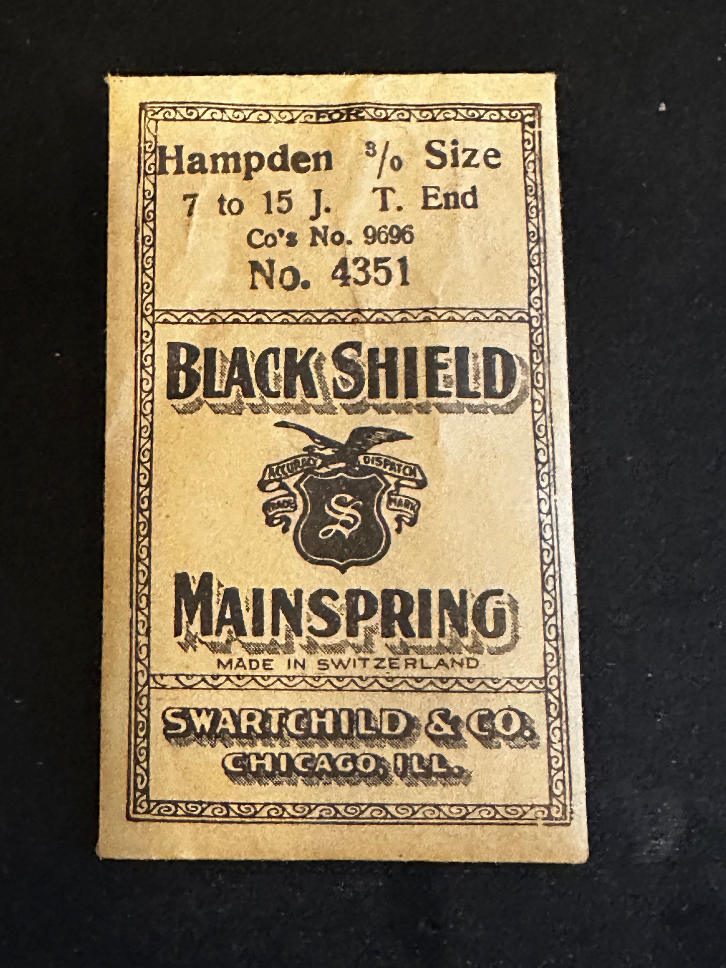 Swartchild Black Shield Mainspring #4351 for Hampden 3/0s No. 9696 - Steel