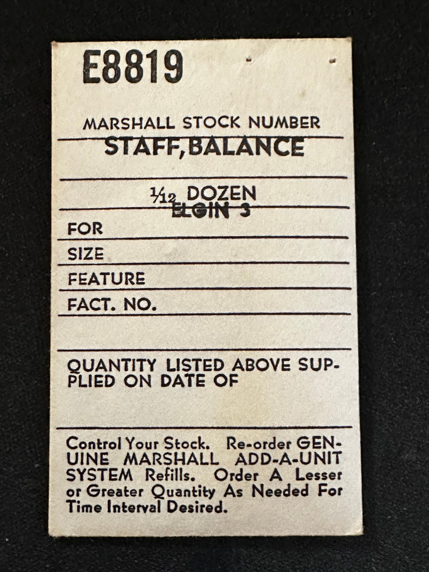 C & E Marshall balance staff E8819 for Elgin 18s No. 857 P13 Short Hub