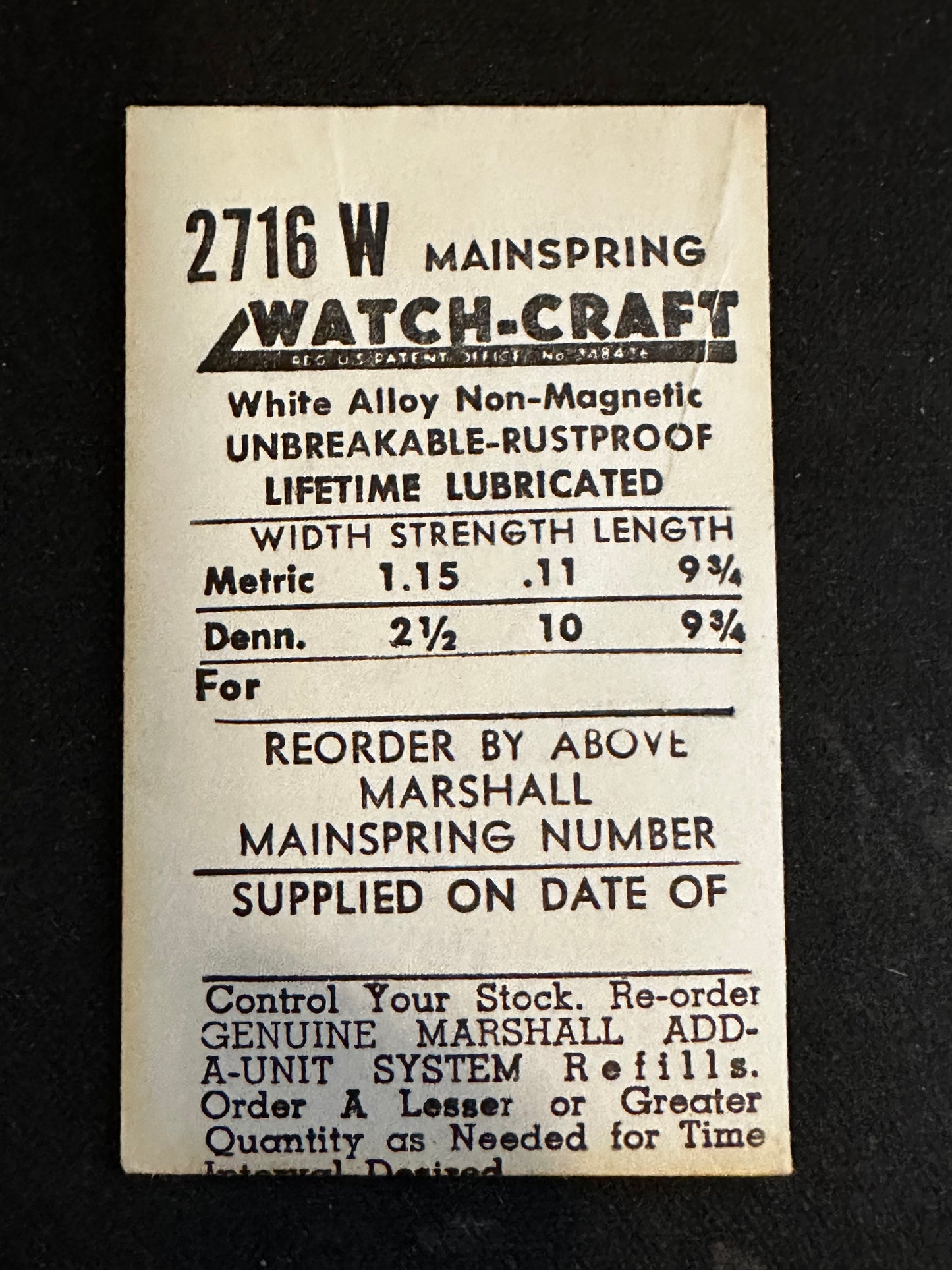 WATCH-CRAFT Mainspring 2716W for Gruen 405 to 430 and Rolex 500 - Alloy