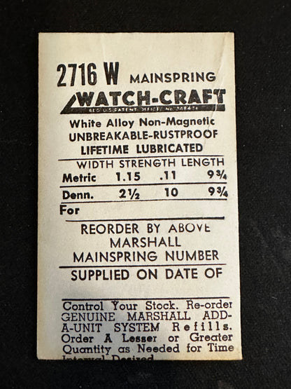 WATCH-CRAFT Mainspring 2716W for Gruen 405 to 430 and Rolex 500 - Alloy