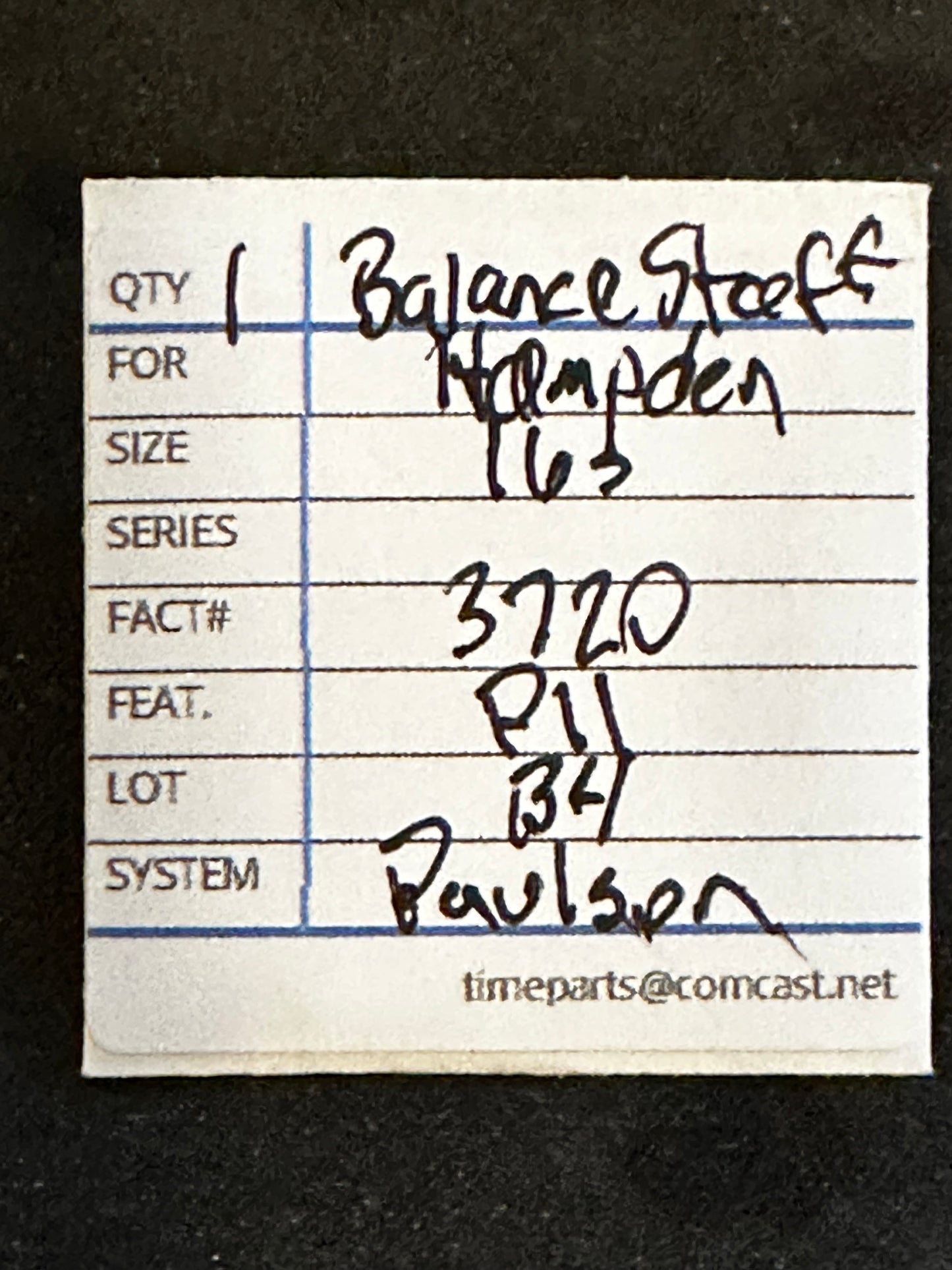 Hampden Balance Staff for 16s 3/4 plate 1890 Model Factory No. 3720