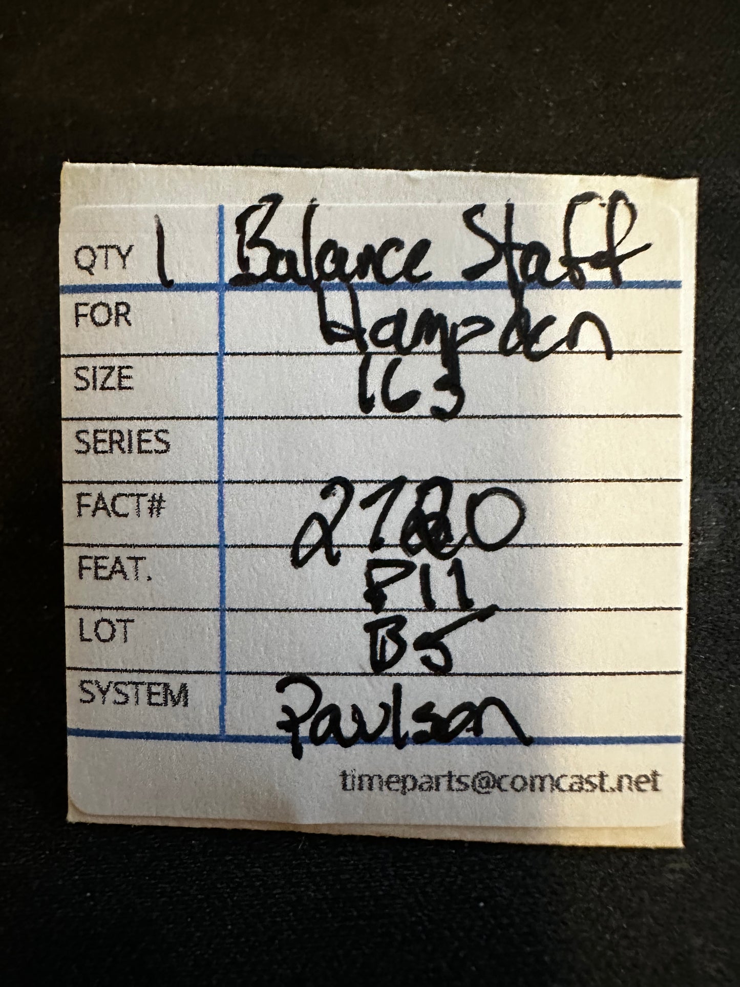 Hampden Balance Staff for 16s 3/4 plate & bridge models Factory No. 2720