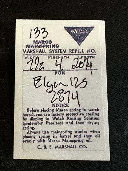 Marco Mainspring #133 for 12s Elgin Factory No. 2874 - Steel