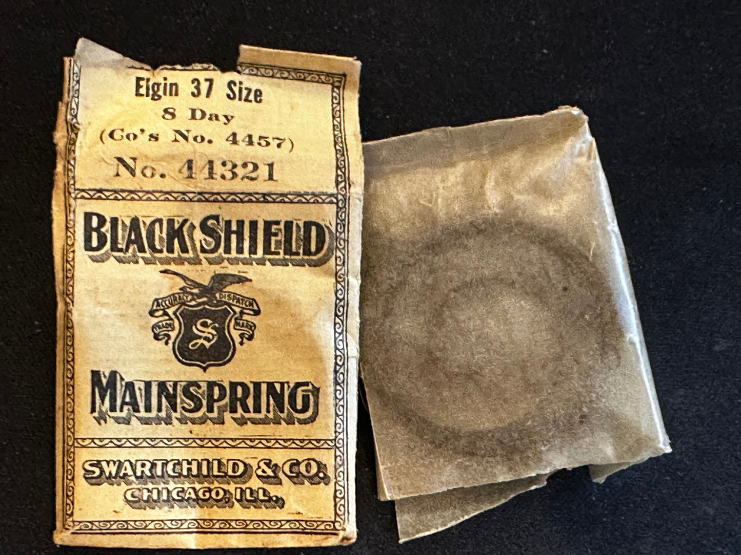 Swartchild Black Shield Mainspring #44321 for Elgin 37s 8-Day Clock Factory No. 4457 - Steel
