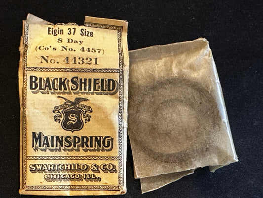 Swartchild Black Shield Mainspring #44321 for Elgin 37s 8-Day Clock Factory No. 4457 - Steel