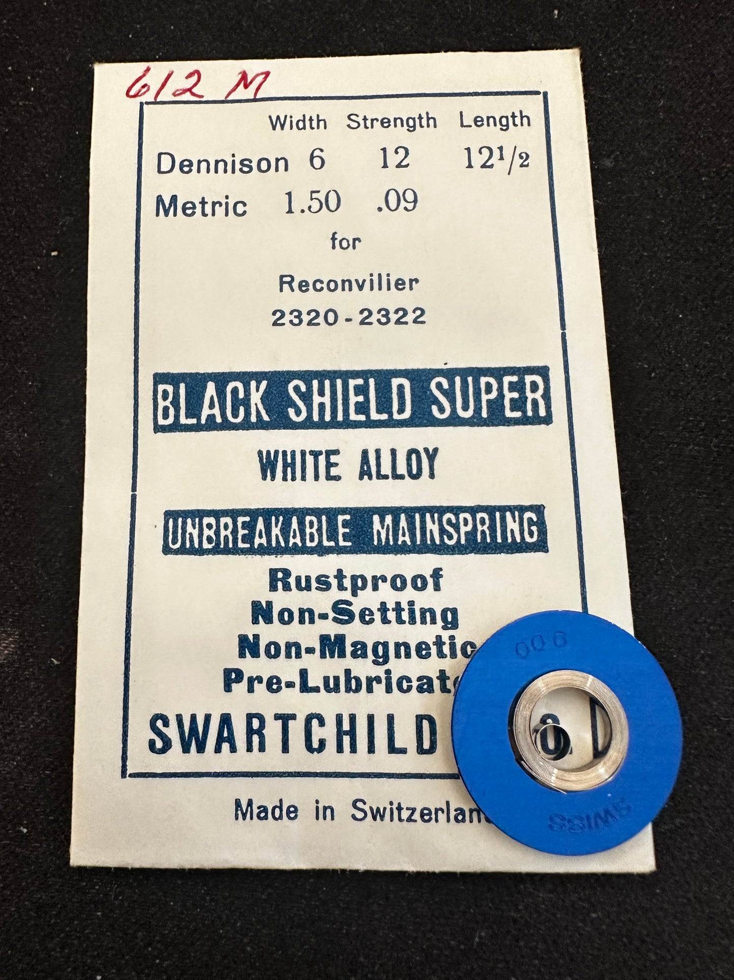 Swartchild Black Shield SUPER Mainspring for Reconvillier 2320, 2322, Rolex H/HT, 700, 710, 760 - Alloy
