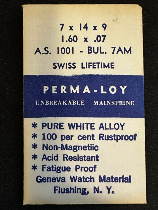 PERMA-LOY Unbreakable Mainspring for AS caliber 1001, Bulova caliber 7AM - Alloy