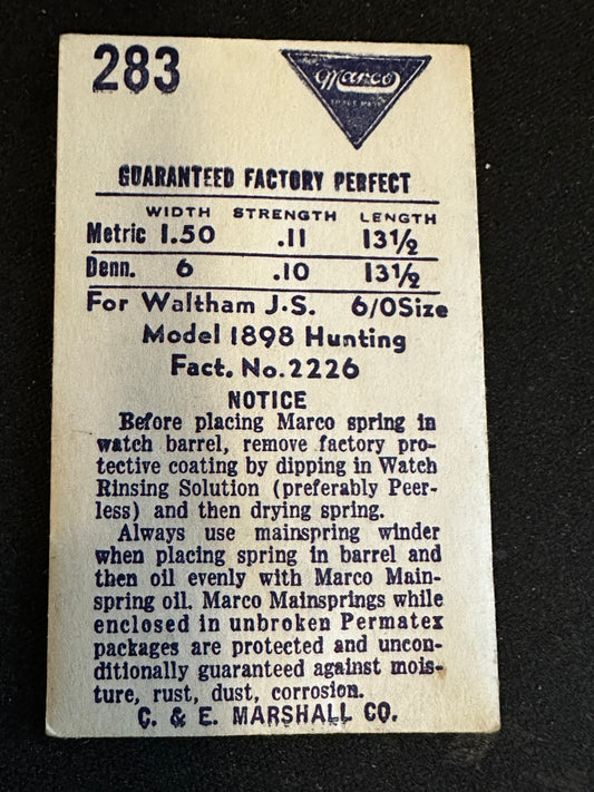 Marco Mainspring #283 for Waltham 6/0s Jewel & 1942 Series No. 2226 - Steel