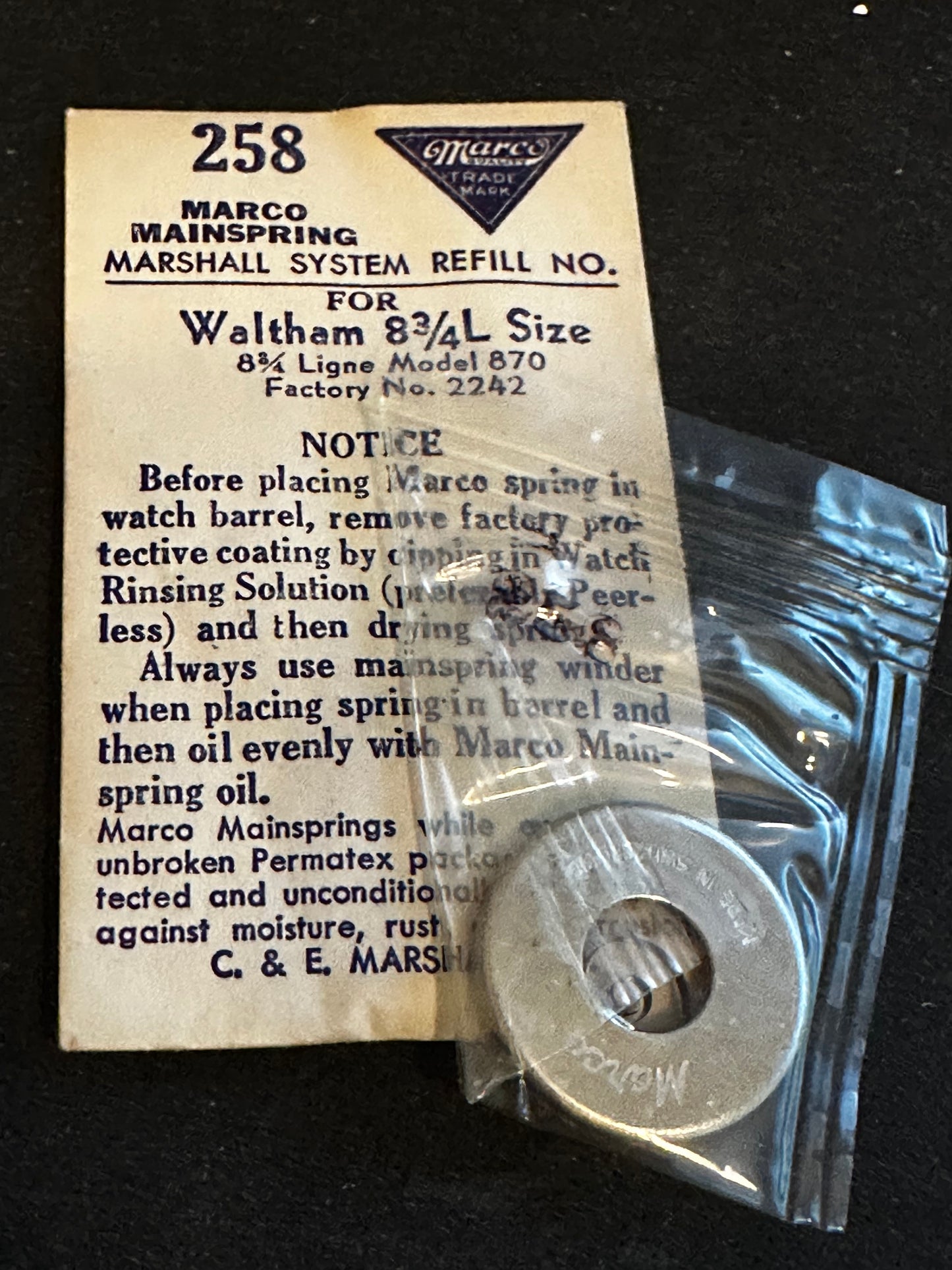 Marco Mainspring #258 for Waltham 8¾ ligne Model 870 No. 2242 - Steel