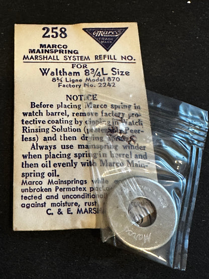 Marco Mainspring #258 for Waltham 8¾ ligne Model 870 No. 2242 - Steel