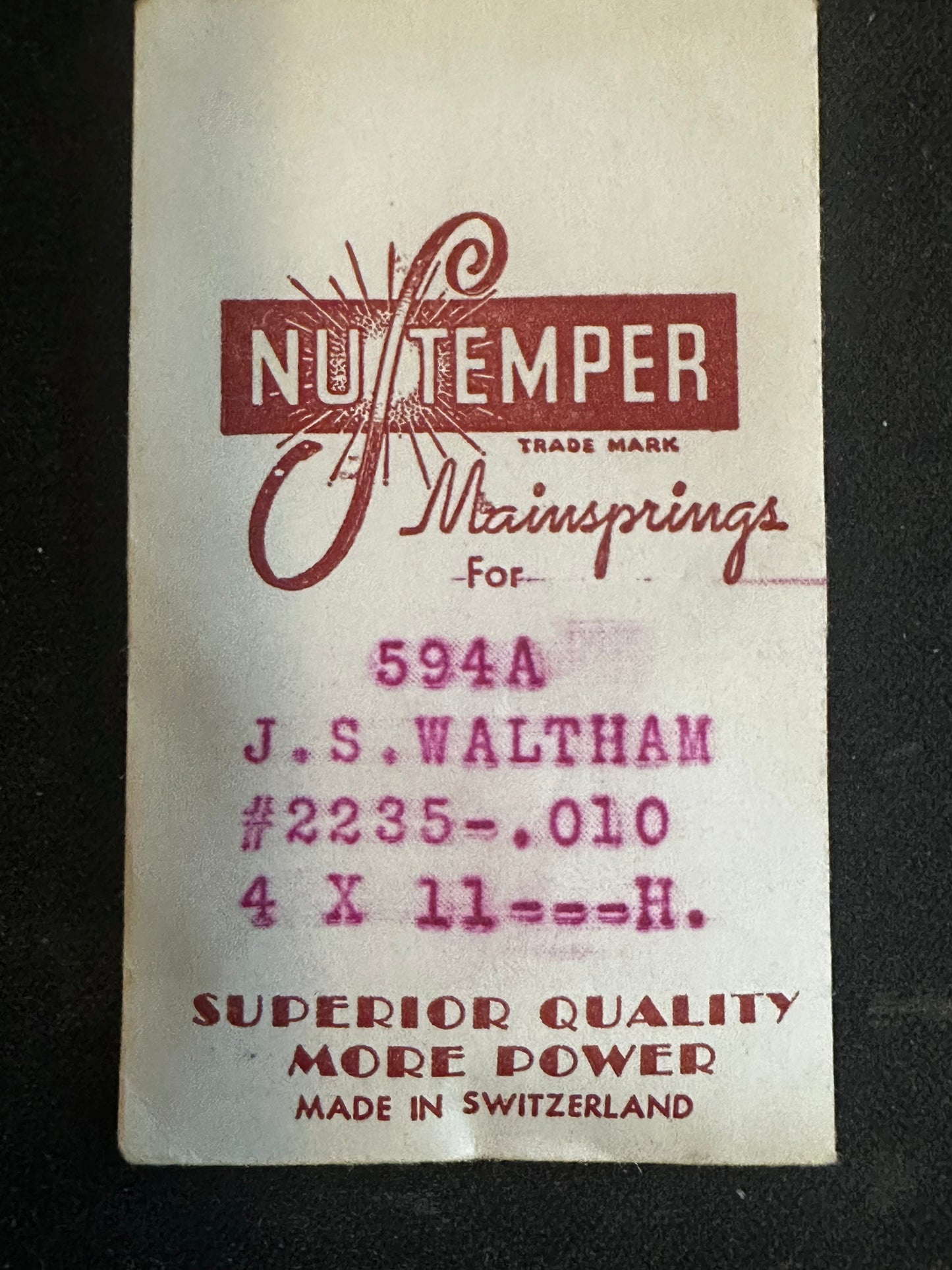 NuTemper Mainspring #594A for Waltham 6/0s Jewel Series Factory No. 2235 -  Steel