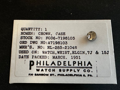 Elgin Factory Crown for Military Issue Elgin 8/0s Grade 539 Wrist Watch No. EL-285-2104S