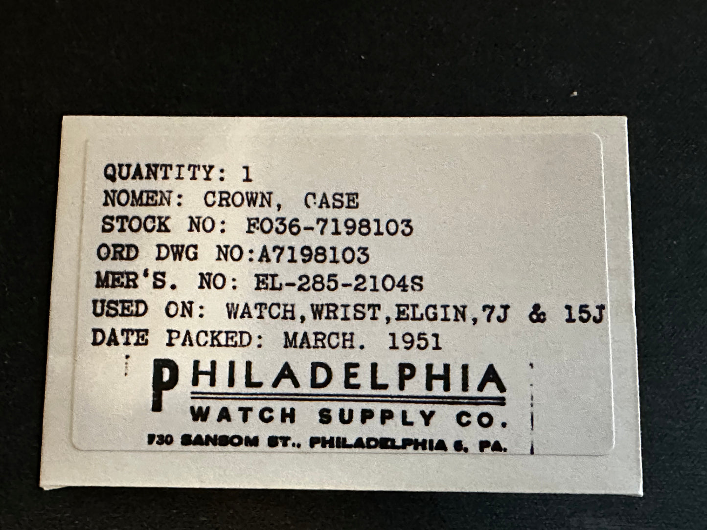 Elgin Factory Crown for Military Issue Elgin 8/0s Grade 539 Wrist Watch No. EL-285-2104S