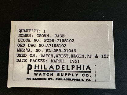 Elgin Factory Crown for Military Issue Elgin 8/0s Grade 539 Wrist Watch No. EL-285-2104S