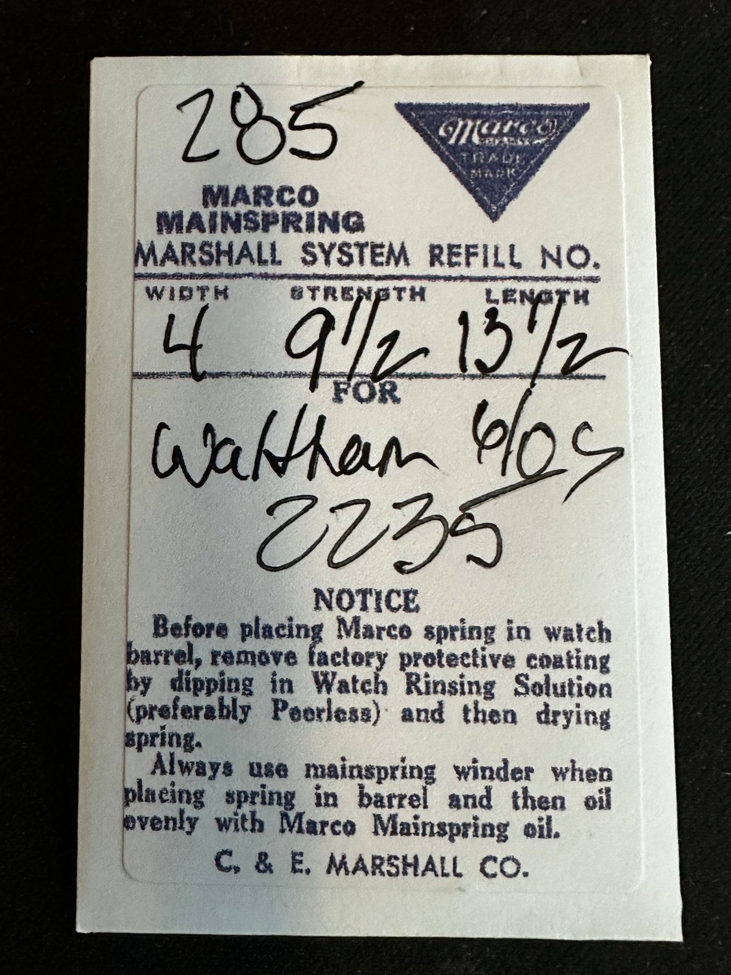 Marco Mainspring #285 for Waltham Jewel Series 6/0s No. 2235 - Steel
