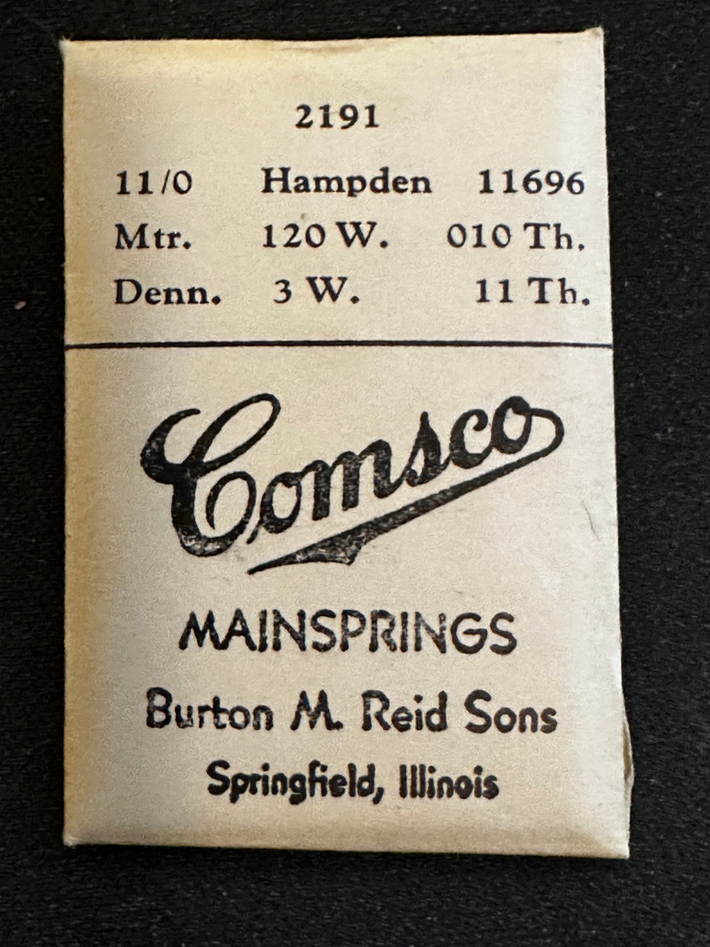 Comsco Mainspring #2191 for 11/0s Hampden Factory No. 11696 - Steel