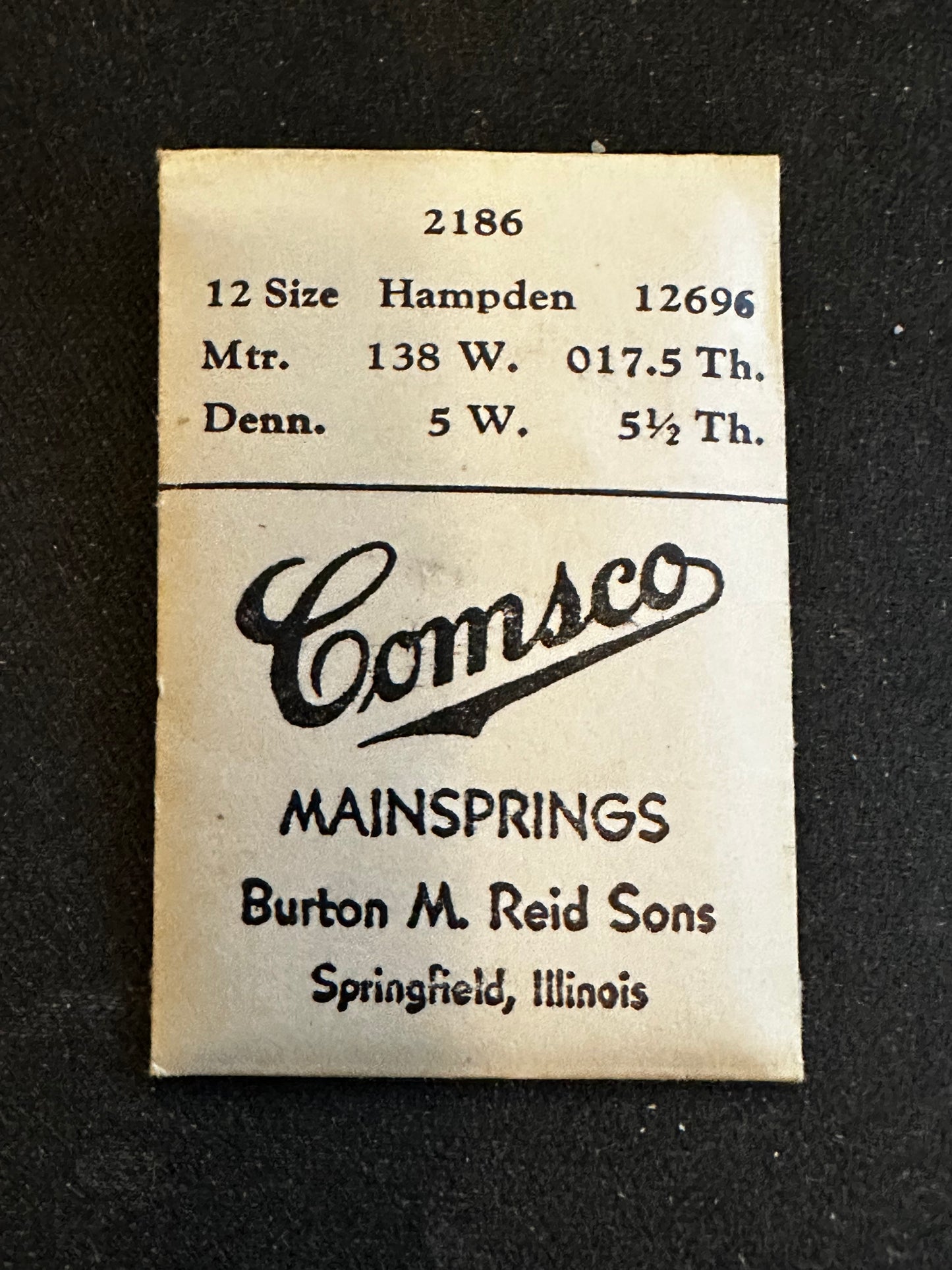 Comsco Mainspring #2186 for 12s Hampden Factory No. 12696 - Steel