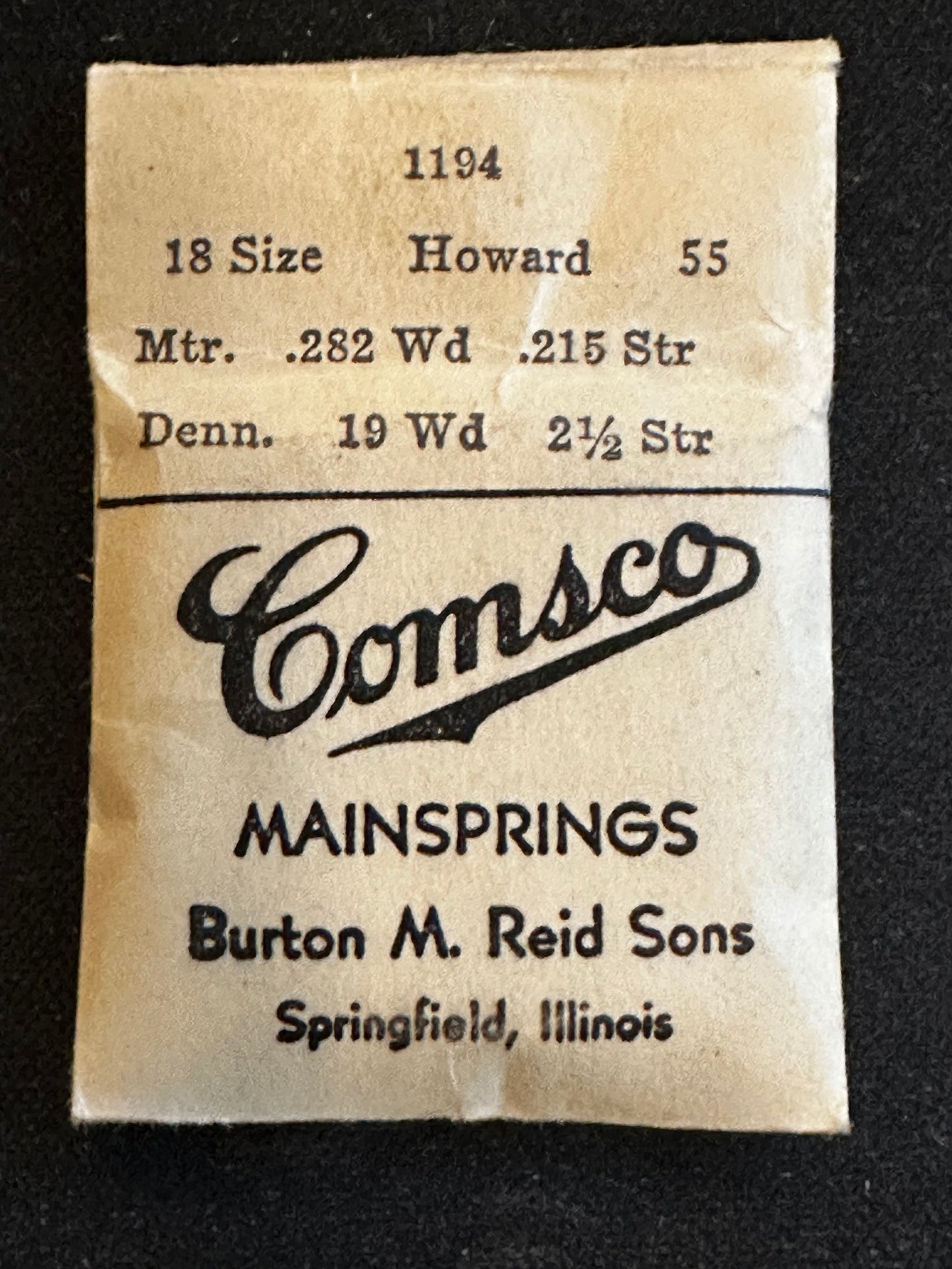 Comsco Mainspring #1194 for E. Howard 18s Factory No. 55 - Steel