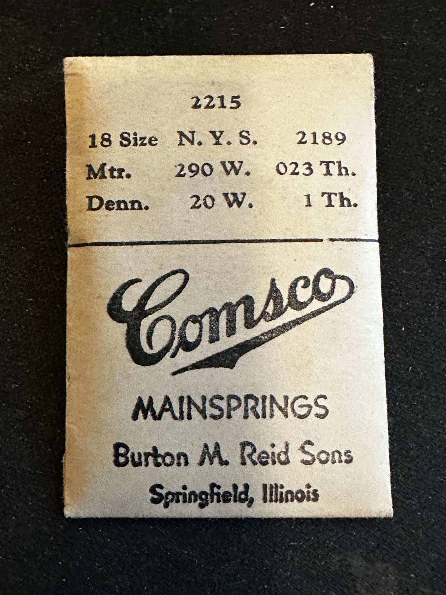 Comsco Mainspring #2215 for N.Y. Standard 18s Factory No. 2189 - Steel