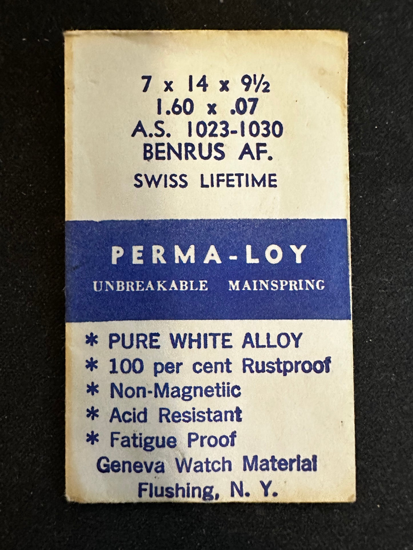 PERMA-LOY Unbreakable Mainspring for AS 1023 - 1030, Benrus AF - Alloy