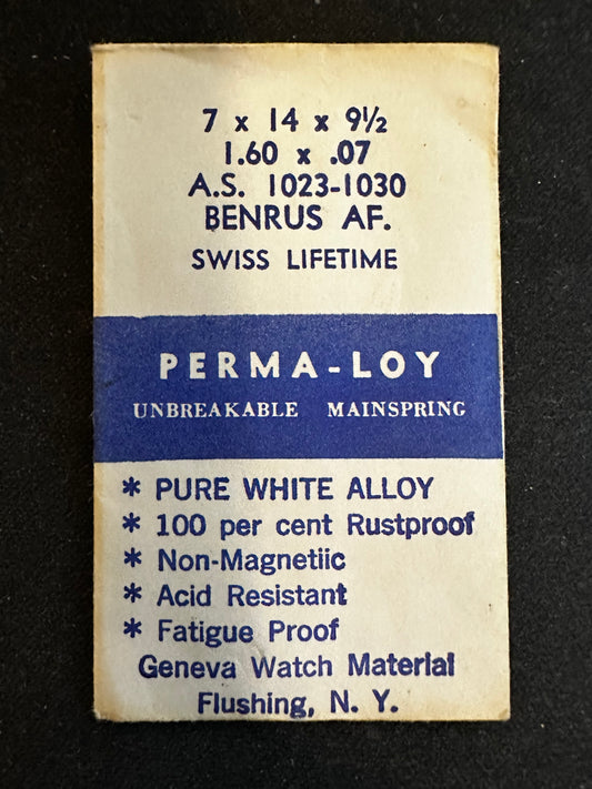 PERMA-LOY Unbreakable Mainspring for AS 1023 - 1030, Benrus AF - Alloy