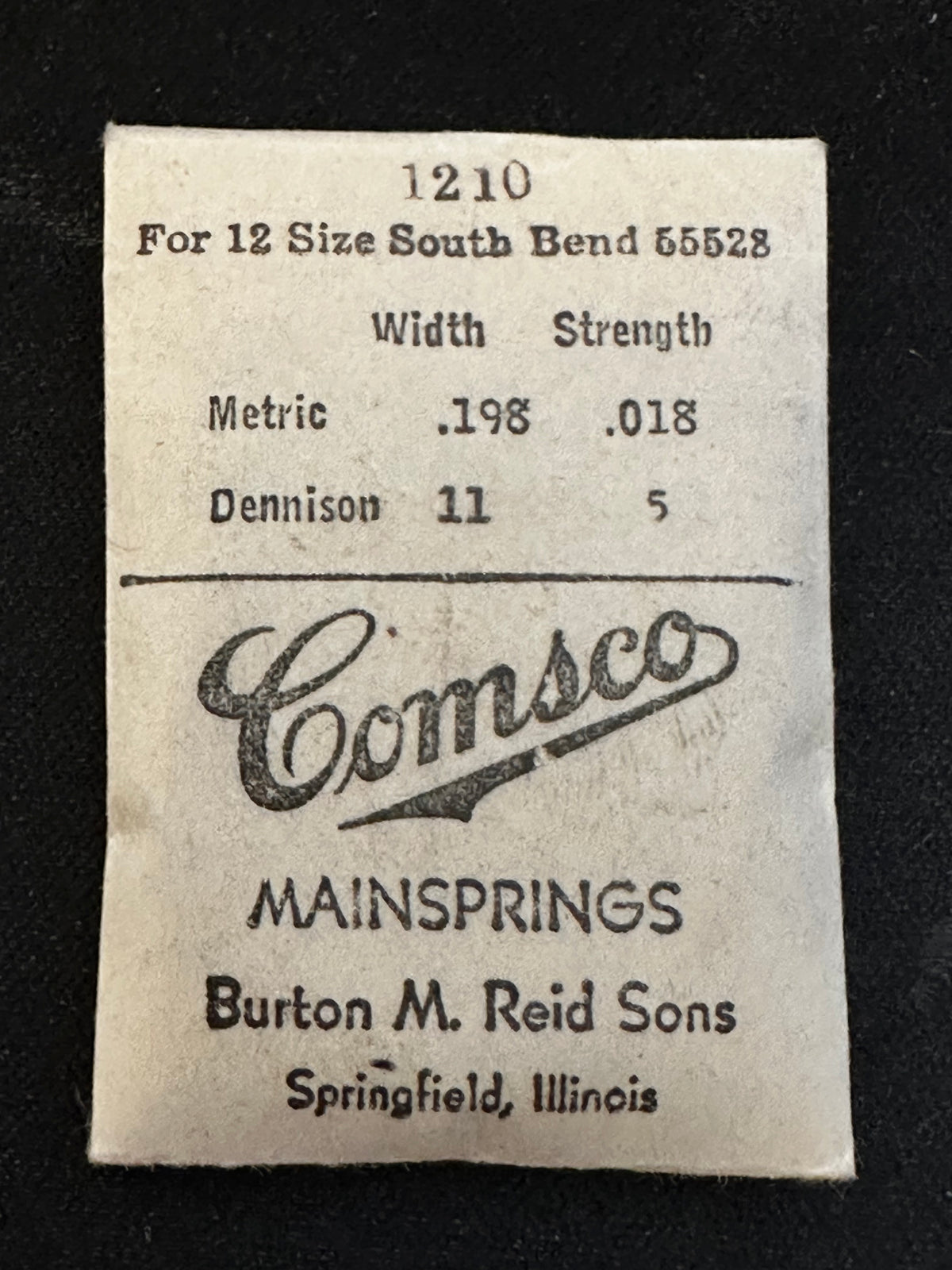Comsco Mainspring #1210 for South Bend 12s Factory No. 55528 - Steel