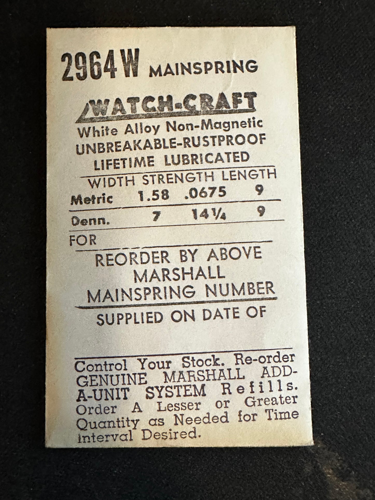 WATCH-CRAFT Mainspring 2964W for AS 1023, 1171, Benrus AF, BI, Bulova 7AD, 7AM, 7AS - Alloy
