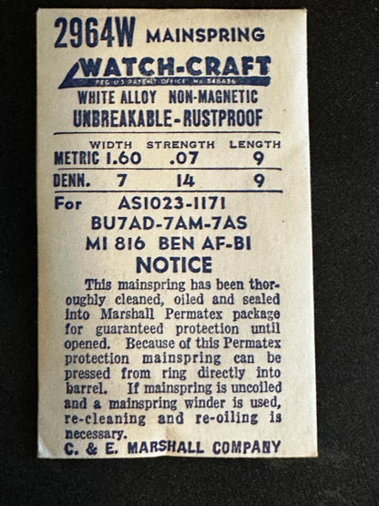 WATCH-CRAFT Mainspring 2964W for AS 1023, 1171, Benrus AF, BI, Bulova 7AD, 7AM, 7AS - Alloy