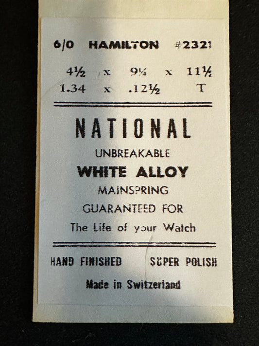 National Unbreakable Mainspring for Hamilton 6/0s No. 2321 / 2521 - Alloy