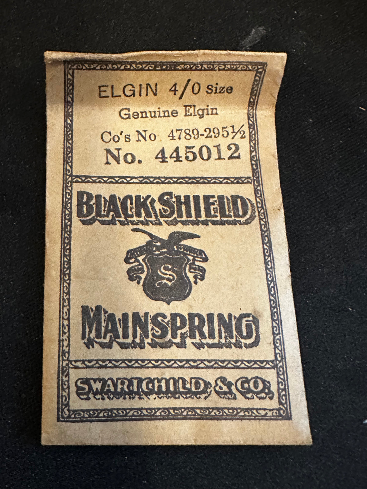 Swartchild Black Shield Mainspring #440512 for Elgin 4/0s No. 4789 - Steel