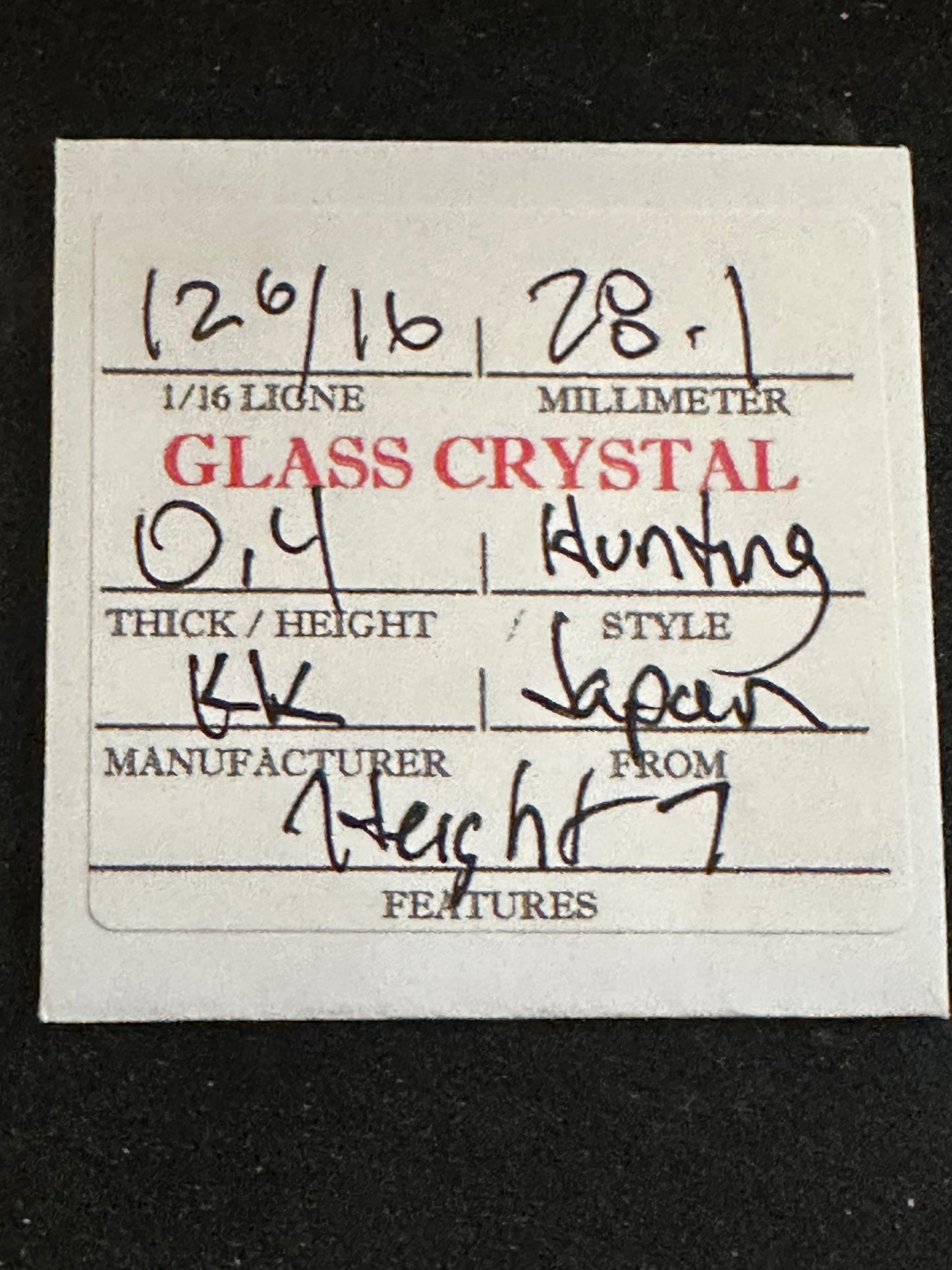 KK Vintage Glass Hunting Case Watch Crystal 12-6/16 (~28.1mm) - NOS