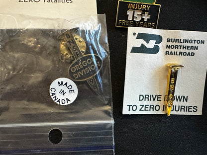 Lot of 8 Burlington Northern & BNSF Safety Award & related RR hat pins